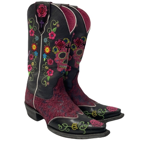 ARIAT Live Out Loud Pink Sugar Skull Gypsy Rose embroidered Cowboy Boots 7 7.5 - Picture 1 of 12